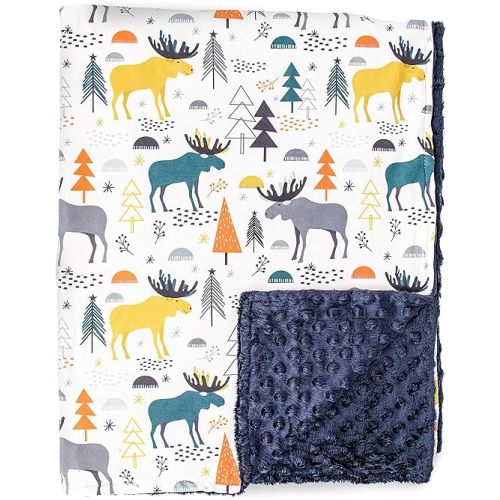 Top Tots Baby Blanket - Blue Grey Gold Moose with Minky Dot, 38.5 x 29 Inch Navy Blue - Woodlandmoose