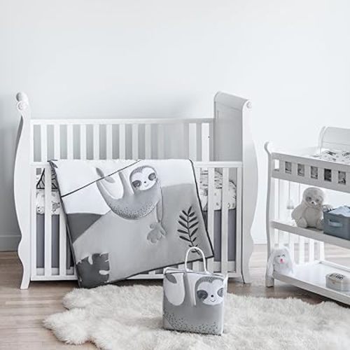 Crib Bedding Set Neutral, 5pc Baby Bedding Set Includes Baby Comforter, Fitted Sheets, Changing Pad Cover, Crib Skirt, White-Gray Crib Comforter Set, Sloth Nursery Bedding