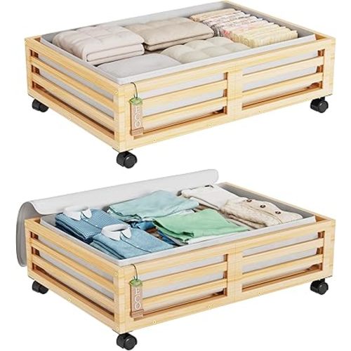 Bamboo Under Bed Storage Containers- Underbed Organizer with Wheels with Large Dust Bag,Sturdy Wood Rolling Under the Bed Shoe Storage Organizer Drawer 2 Packs (Nature, Small)