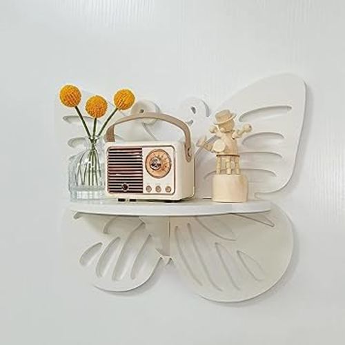 Butterfly Shaped Nursery Wall Deor Floating Shelf, Cute Wall Display Rack for Kid’s Room, Small Decorative Shelf Wall Mounted, White Hanging Wall Shelf for Toys, Plants and Decorations Storage, White
