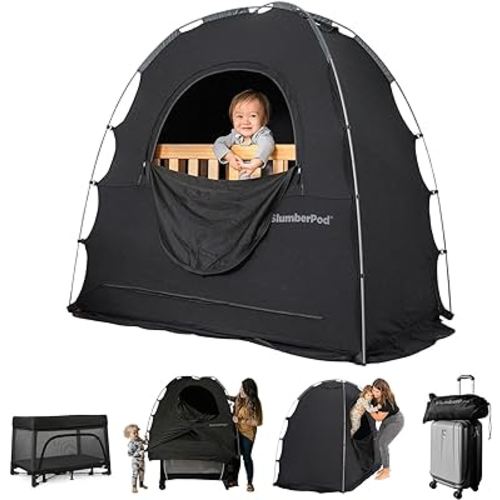 SlumberPod The Original Blackout Sleep Tent Travel Essential for Babies and Toddlers, Mini Crib and Pack N Play Cover, Sleep Pod for Kids with Monitor Pouch and Fan Pouch, Blocks 95%+ Light, Black