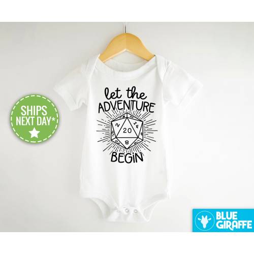Let The Adventure Begin Baby Bodysuit, Gaming Dice Onesie®, Baby Announcement, Pregnancy Announcement, D&D, 20 Sided Die