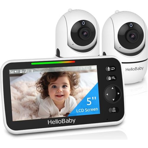 HelloBaby Upgrade 5’’ Baby Monitor with 30-Hour Battery, 2 Cameras Pan-Tilt-Zoom, No WiFi 1000ft Range Video Audio Baby Monitor, VOX, Night Vision, 2-Way Talk, Portable Travel, 8 Lullabies and Temp