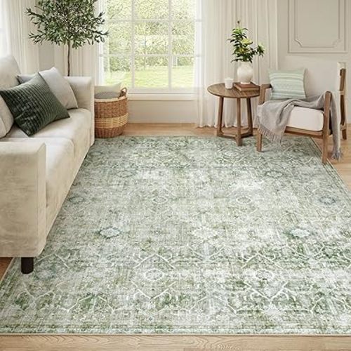 Collive Washable Area Rug 8x10, Green Rugs for Living Room Rugs Non Slip Vintage Farmhouse Bedroom Carpet Stain Resistant Aesthetic Print Floor Rug for Dining Guest Office Classroom