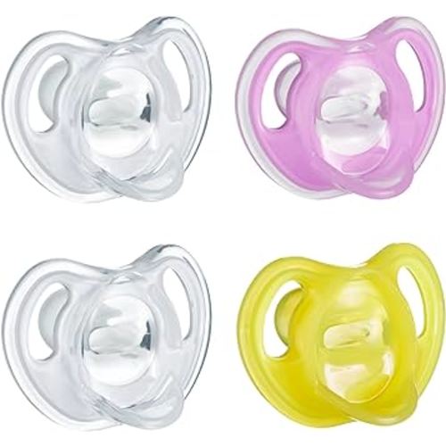 Tommee Tippee Ultra-Light Silicone Pacifier, 6-18 Months, Symmetrical One-Piece Design, BPA-Free Silicone Binkies, Clear/Pink/Yellow, Pack of 4
