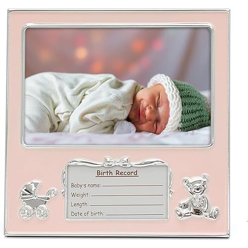 MIMOSA MOMENTS Bear and Pram Silver-tone Metal Baby Girl Picture Frame with Birth Details Tag (4x6 horizontal, Silver-tone & Pink)