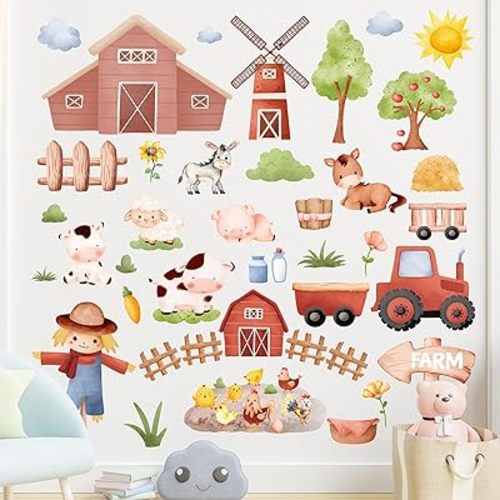 Whaline 8 Sheet Farm Animal Wall Stickers Cute Cartoon Farm Animals Wall Decals Watercolor Sheep Cow Pig Waterproof Walls Decorations for Bedroom Nursery Playroom Living Room Decor