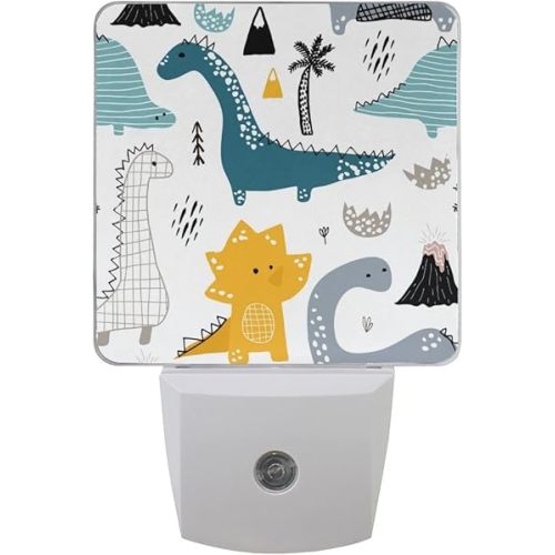 Plug-in LED Night Light Lamp Dino Scandinavian Style Printing with Dusk to Dawn Sensor for Bedroom, Bathroom, Hallway, Stairways, 0.5W-2 Pack