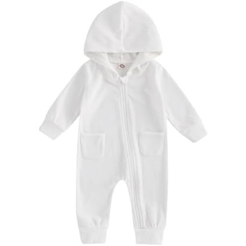 Newborn Baby Girl Boy Clothes Solid Color Long Sleeve Hoodie Romper Zip Up Jumpsuit Basic Fall Winter Outfit