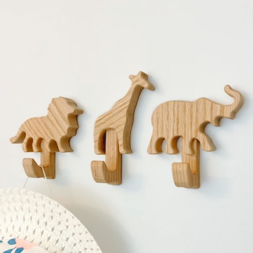 Safari wall hooks for kids room. Jungle decor for nursery and baby room. Safari hanger and storage hook. Elephant Lion Giraffe Monkey Rhino