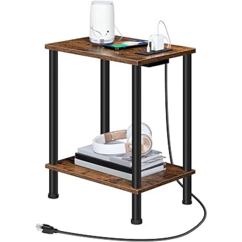 HOOBRO Side Table with Charging Station, Samll End Table with USB Port and Outlet, Nightstand with 2-Layer Storage Shelves for Small Spaces, Living Room, Bedroom, Stable Frame, Rustic Brown BF09UBZ01