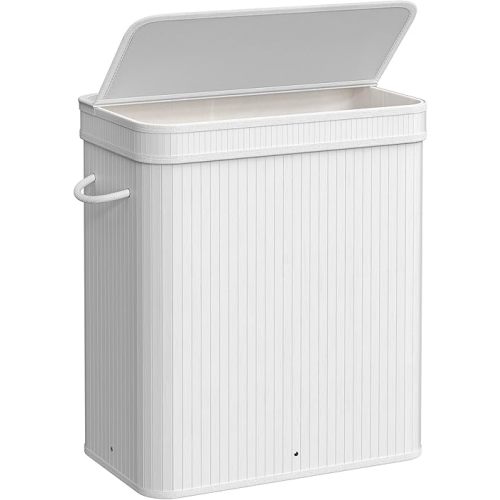 SONGMICS Laundry Hamper with Lid, Bamboo Laundry Basket, Removable Machine Washable Laundry Basket, with Handles, 26.4-Gallons, for Laundry Room, Bedroom, Bathroom, Cloud White ULCB063W01