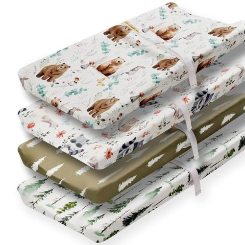 4 Pack Forest Animals Neutral Changing Pad Covers Woodland Unisex Fitted Baby Breathable Changing Pad Sheets Set for Toddlers Baby Boys or Girls (Bear)