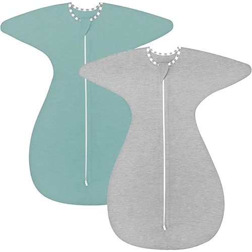 ZIGJOY Shark-Fin Transitional Swaddle for Newborn - 0.5 Tog Rayon Made from Bamboo Transition Swaddle Sleep Sack 3-6 Months Baby Arms Up Swaddle Blanket with 2-Way Zipper, Green&Grey