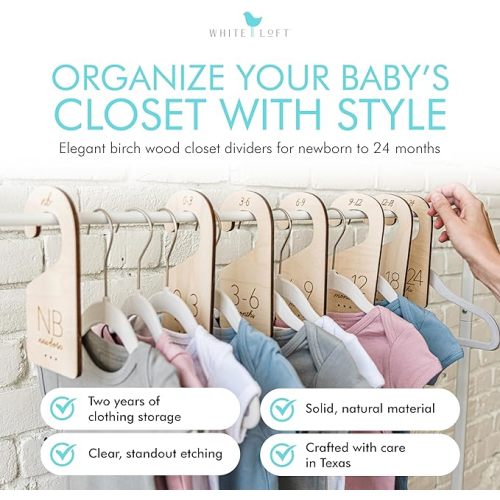 Baby Closet Size Dividers Baby Closet Organizer – White Loft Thick Birch Baby Closet Dividers from Newborn to 24 Months – Timeless Etched Design for Any Nursery Decor (Set of 7)