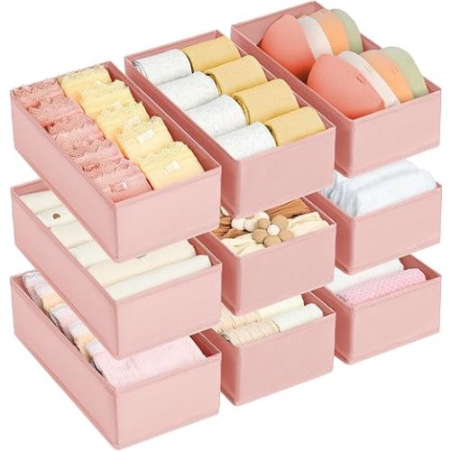 DIMJ Drawer Organizer for Clothes - Underwear, Sock, Closet, and Dresser Storage Box - Dividers for Baby Clothes, Bra, Socks, Belt, Tie - Set of 9, Pink