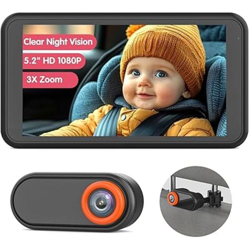 Baby Car Camera for Backseat 1080P, 5.2" HD Wide Clear View Baby Car Mirror Monitor with 3X Zoom, 3 Mins Easy Installation, 360° Rotation Clip Bracket Rear Facing Baby Camera Monitor