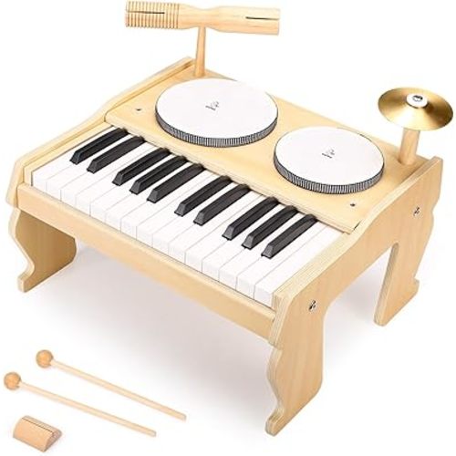 OATHX Kids Piano Keyboard, 25 Keys Digital Piano Toys with Drum Set and Volume Adjustable, 6 in 1 Musical Instruments for Kids Toddlers Baby Children, Wooden Mini Piano Gifts for Girls Boys Ages 3+