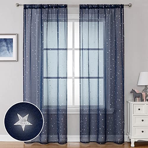 WUBODTI Navy Blue Voile Curtains 84 Inches Long 2 Panels, Rod Pocket Semi Sheer Kids Curtain for Boys Bedroom Living Room,Galaxy Starry Tulle Window Treatments Star Wars Room Decor