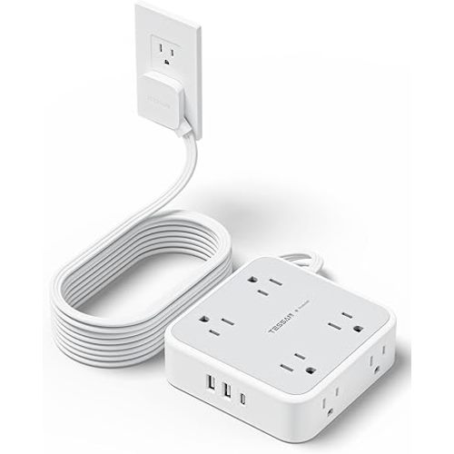 Surge Protector Power Strip 15 Ft Cord, TESSAN 8 Widely Spaced Outlets, 3 USB Charger(1 USB C Port), Ultra Thin Flat Plug Extension Cord 15 Feet, 900J Surge Protection for Home, Dorm Room Essentials