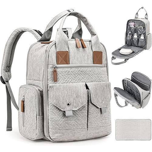 Diaper Bag Backpack - Large Diaper Bag with Portable Changing Pad as Baby Shower Gifts, Lightweight Waterproof Unisex Travel Baby Bag with 4 Insulated Pockets and Stroller Buckles, Light Grey