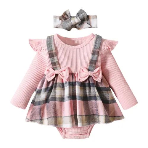 Kids Rompers Girls Long Sleeve Ribbed Bowknot Plaid Romper Bodysuits Dress Headbands Girls' Jumpsuits Red 12 Months-18 Months