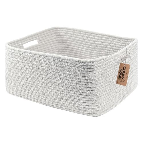 COMFY-HOMI Cotton Rope Woven Basket with Handles for Shelves,Toys,Book, Cloth Storage Baskets for Organizing-17" x 13" x 7.5" Toy Decorative Organizer for Living Room, Bathroom (All White)