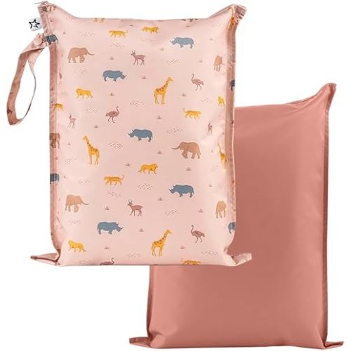Tiny Twinkle Mess proof Waterproof Wet Dry Bag,2pk Reusable Wet Bags for Swimsuits&Baby Clothes,Leakproof Wet Bag,Waterproof Bag for Travel&Diaper bag,Wet Bags for Baby (Petite Safari)
