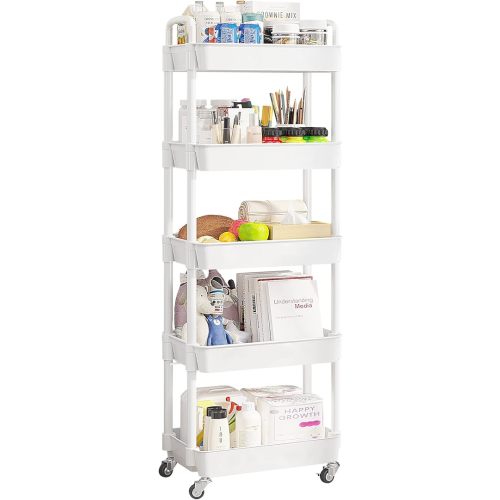 UDEAR 5-Tier Rolling Utility Cart with 12 Category Labels,Multifunctional Storage Shelves with Handle and Lockable Wheels for Room,Office,Kitchen,Bathroom,White