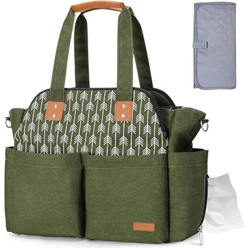 Lekebaby Diaper Bag Tote for Baby - 17 Pockets Large Travel Diaper Tote with Portable Changing Pad, Mom Crossbody Hospital Bag with Purses, Waterproof, Baby Essentials for Newborn Gifts, Green