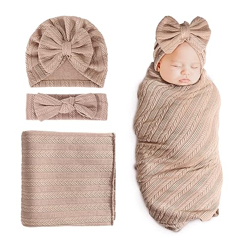 DRESHOW BQUBO Newborn Receiving Blanket Toddler Warm for Girls with Bow Hat and Bow Headband Shower Gift