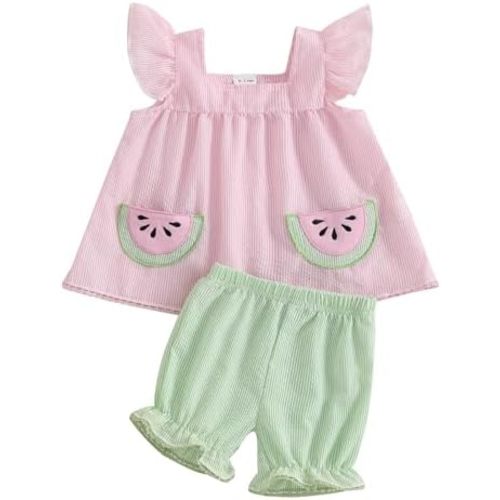 Newborn Baby Girl Clothes Fly Sleeve Watermelon Embroidered Tank Top Ruffle Stripe Shorts Cute Infant Summer Outfits