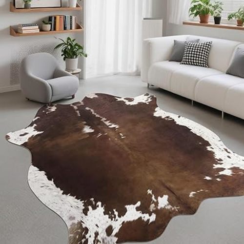 DweIke Faux Cowhide Print Rug for Living Room, 4.6 x 5.2 ft Dark Brown Western Animal Cow Hide Rugs, Non Slip Cool Cow Skin Carpet for Bedroom Dining Room Farmhouse Entrance Home Decor