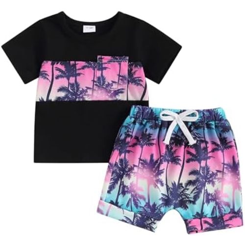 Karwuiio Toddler Baby Boy Summer Outfit Short Sleeve T-Shirt Tops Elastic Waist Shorts Set Baby Boys Clothes