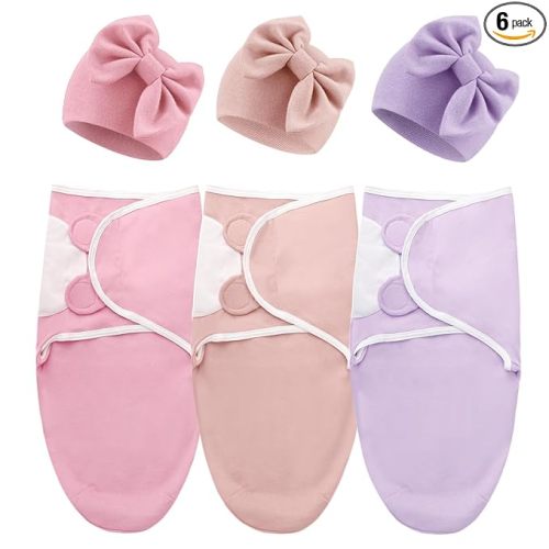 DRESHOW BQUBO 3 Pack Baby Swaddle Sleep Sacks Baby Swaddling Blanket Wrap Newborn Swaddle Sack with Big Bow Hat for Boys Girls 6-12 Lbs Newborns & 0-3 Months Girls Boys