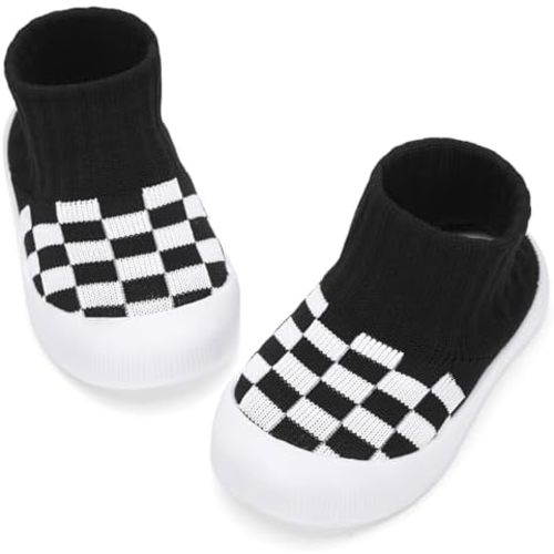 BACSAC Baby Boy Girl Sock Shoes Infant & Toddler Walking Shoes High Top with Knitted Checkered Upper Anti Collision Non-Slip Design Elastic Breathable for Indoor Outdoor 6-36 Months