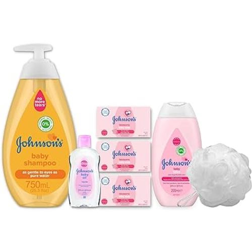 Johnsons Baby Gift Set Bundle with Baby Bath Sponge, Relaxing Aromas, Baby Oil, Bath Shampoo, Lotion, Baby Bar Soap Blossom ,*** UPDATED w GIFT BASKET** Search this > B0CS4NR9Y2