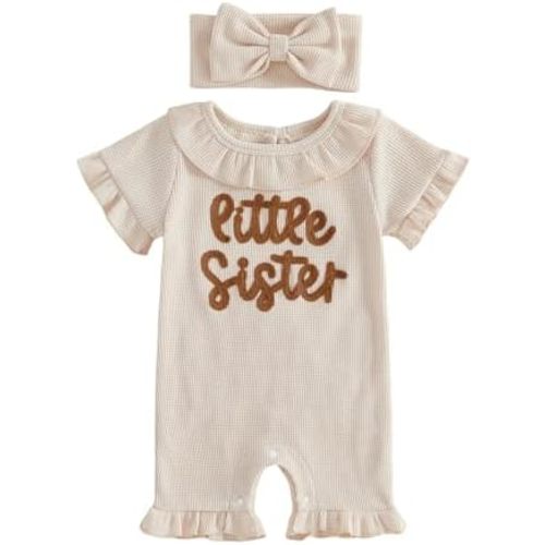 Sejardin Baby Girl Romper Letter Embroidery Newborn Infant Summer Clothes Short Sleeve Ruffle Crew Neck Jumpsuit Headband