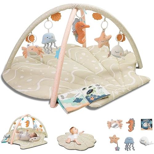 Baby Play Gym Mat, Oversize Tummy Time Activity Mat for Babies 0-6 Months, Cute Shell Baby Play Mat with 6 Detachable Toys, Baby Mat for Floor Sensory Exploration and Motor Skill Development (Beige)