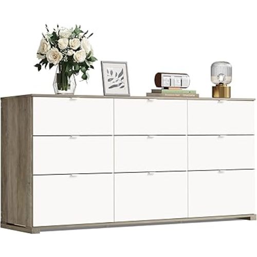 WLIVE 9 Drawer Dressers, Modern Large Wood Dresser Chest for Bedroom Organize with Sturdy Metal Handle, TV Stand for 75 inch TV, Living Room Office, Hallway, Ball Bearing Slide, Grey Oak (63" W)