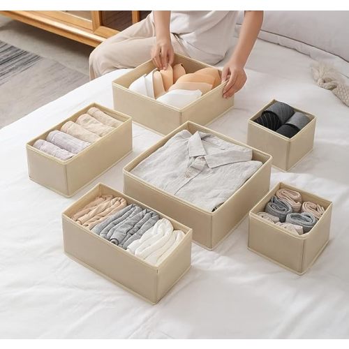 12 Pack Drawer Organizers, Drawer Dividers Storage Bins, Foldable Drawer Organizers for Clothing, Cloth Clothes Drawer Organizer for Underwear,Folded Clothes,Baby Clothing,Socks,Bra,Towels,Ties - Beige