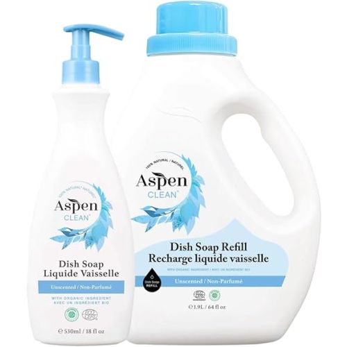AspenClean Natural Dish Soap and Refill Unscented - 100% Natural, Organic, Baby-Safe, Pet-Friendly, Vegan, Cruelty-Free, Biodegradable - EWG VERIFIED & EcoCert Certified