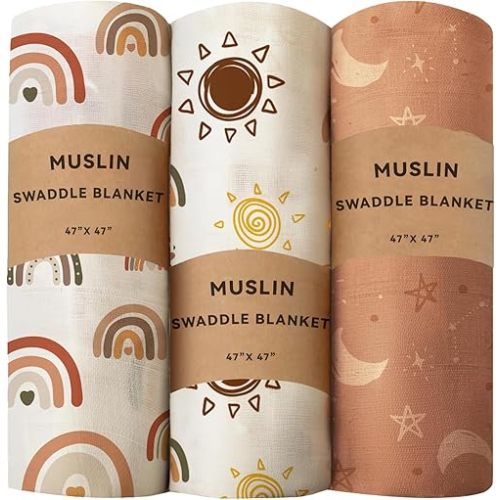 3 Pack Baby Muslin Swaddle Blankets Gender Neutral Large Swaddles for Newborn Baby Boys or Girls Light Receiving Blankets Newborn Infant Essentials for Mom (Boho)