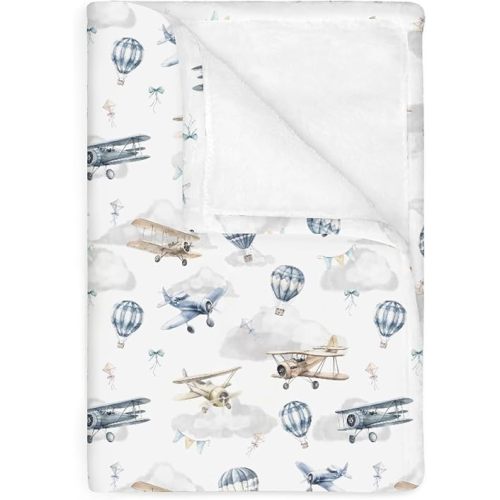 Vintage Planes Airplanes Helicopters Baby Blankets for Boy Girl Hot Air Balloon Plane Clouds Sky Soft Flannel Nursery Bed Blankets for Infant Toddler Crib Swaddle Receiving Blankets 40x50