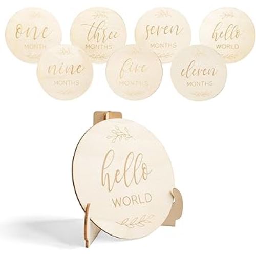 7 PCS Wooden Monthly Baby Milestone, Baby Announcement Props with Hello World Baby Sign, Personalized Baby Gifts Baby Keepsake for New Boy/Girl, Baby Months Signs Record Cards
