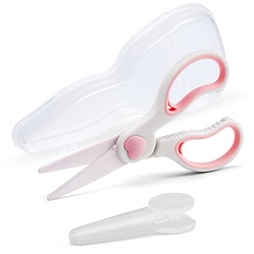 Ceramic Scissors for Baby Food Cutting, Safety Healthy BPA Free Toddler Shears with Protective Blade Cover and Portable Travel Case - Pink/White