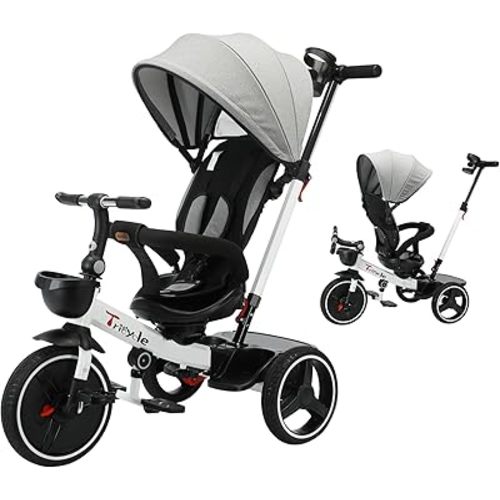 Baby Tricycle,6-in-1 Baby Push Bike Steer Stroller,Learning Toddler Bike/Detachable Guardrail,Adjustable Canopy,Safety Harness,Folding Pedal,Storage Basket,Brake,Shock Absorption