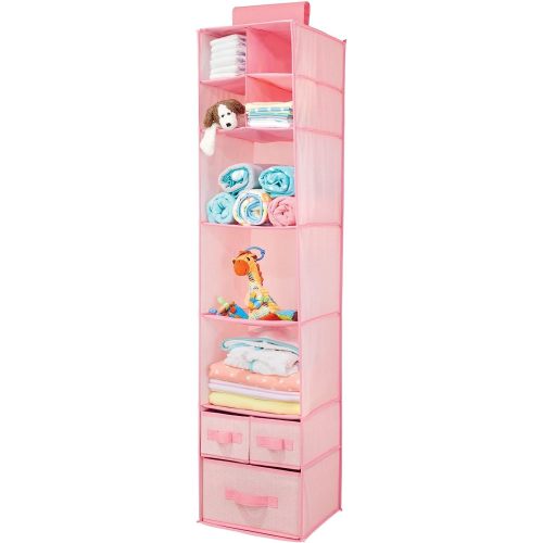 mDesign Fabric Hanging Organizer - Over Closet Rod Storage with 7 Shelves and 3 Removable Drawers for Baby Nursery or Bedroom Organization - Holds Clothes, Linens, Toys, Accessories - Pink Herringbone
