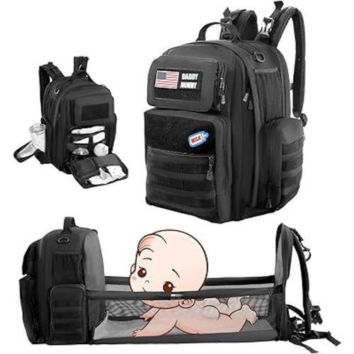 MABOZOO Diaper Bag Backpack for Dad with Changing Station, Expandable Black Military Diaper Bag Backpack with Waterproof Changing Pad,Large Tactical Mens Baby Bag,Unisex Molle Style Baby Backpack Bag