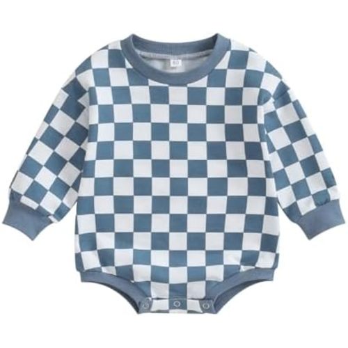 Karuedoo Baby Boy Girl Checkered Sweatshirt Romper Oversized Long Sleeve Bubble Romper Top Neutral Baby Fall Clothes